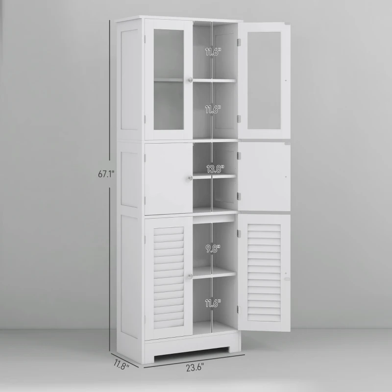 HOMCOM Freestanding Bathroom Cabinet with Glass/Louvred Doors, Tall Bathroom Storage Cabinet with Adjustable Shelf, White