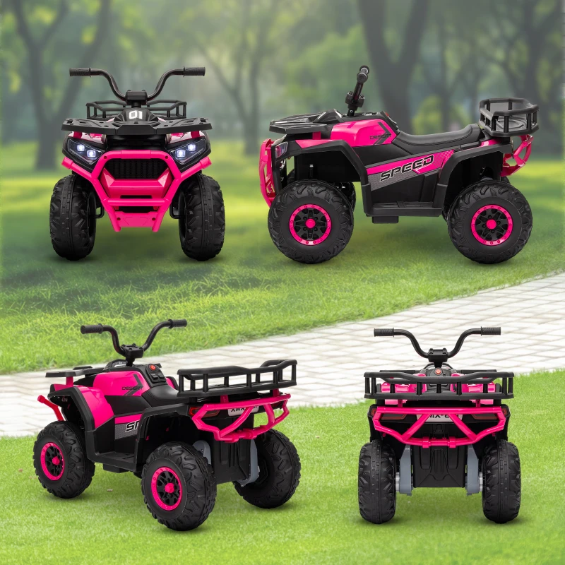 Qaba 12V Kids ATV, 4 Wheeler Quad w/ 4 Spring Suspension Wheels, LED Lights, Music USB, Pink