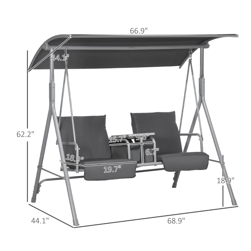 Outsunny 2-Seater Outdoor Porch Swing with Canopy and Table, Patio Swing Chair for Garden, Poolside, Backyard, Gray