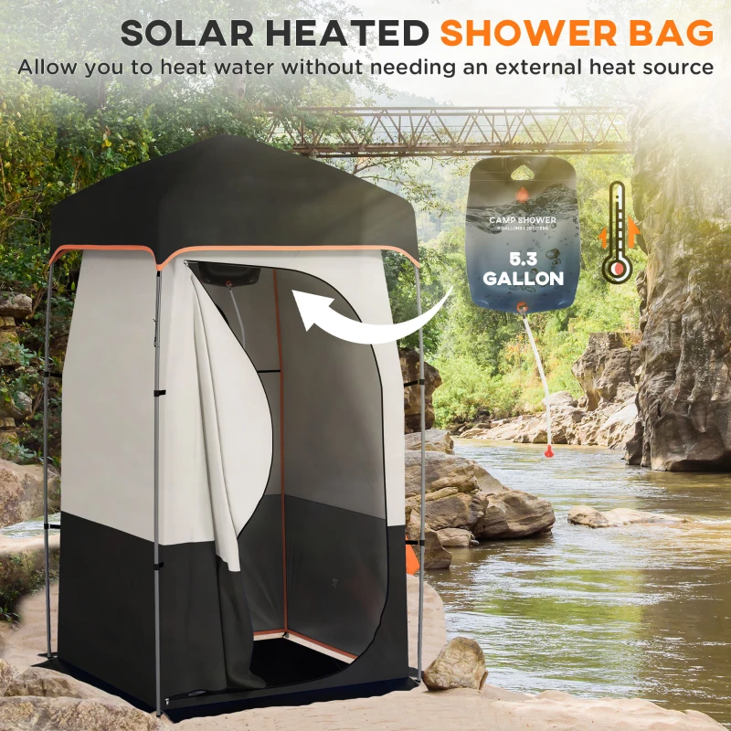 Outsunny Camping Shower Tent, Portable Privacy Shelter with Solar Shower Bag, Removable Floor and Carrying Bag, Black