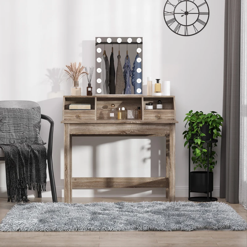 HOMCOM Rectangle Computer Desk with Display Shelves  Drawers Home Office Table Workstation  Natural Wood Grain