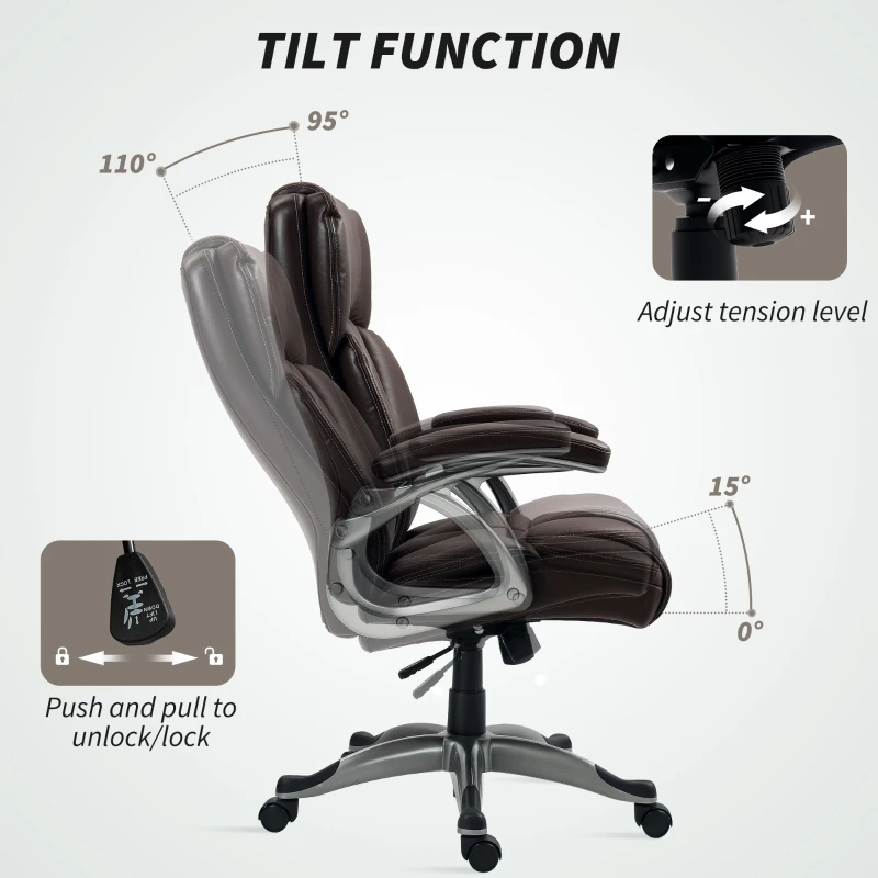 HOMCOM PU Leather High Back Office Chair, Swivel Desk Chair with Tilt Function and Adjustable Height, Brown