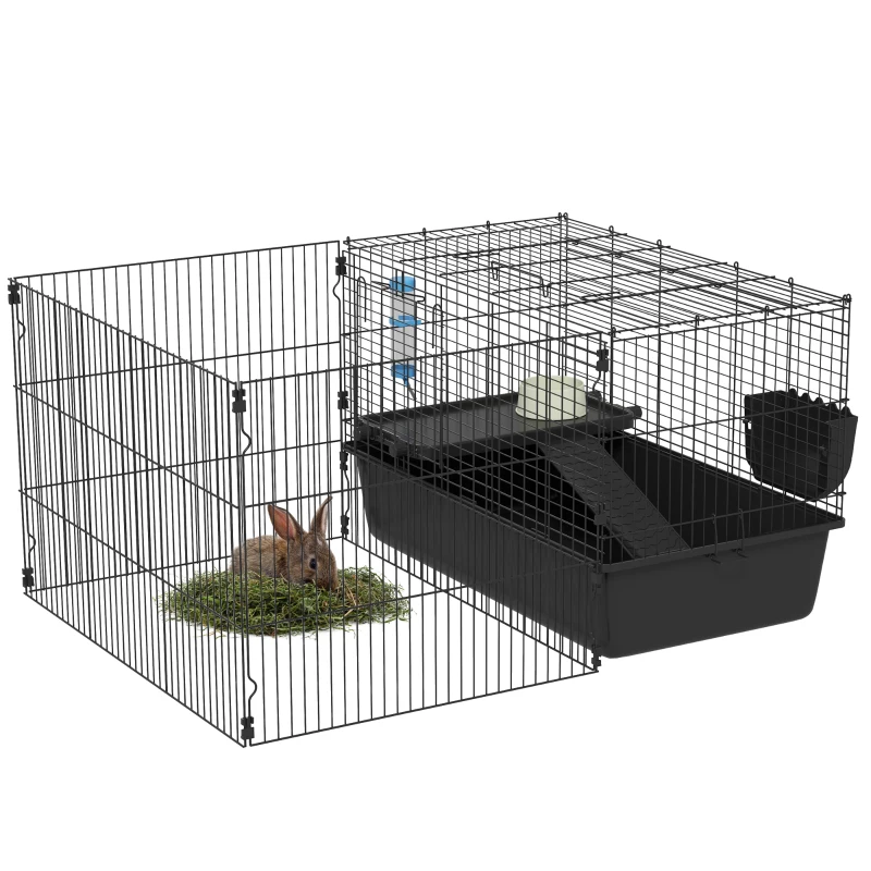 PawHut 33" Small Animal Cage with Playpen, Bunny Hutch Indoor for Guinea Pigs Hedgehogs with Accessories, Water Bottle, Food Dish, Feeding Trough