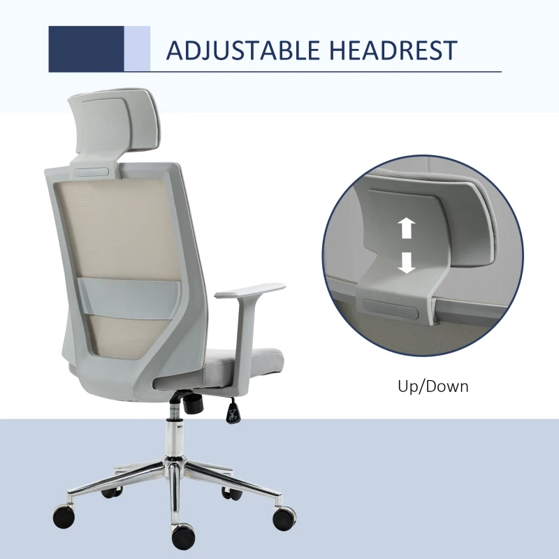 Vinsetto High Back Office Chair, Swivel Task Chair with Lumbar Back Support, Breathable Mesh, and Adjustable Height, Headrest, Grey
