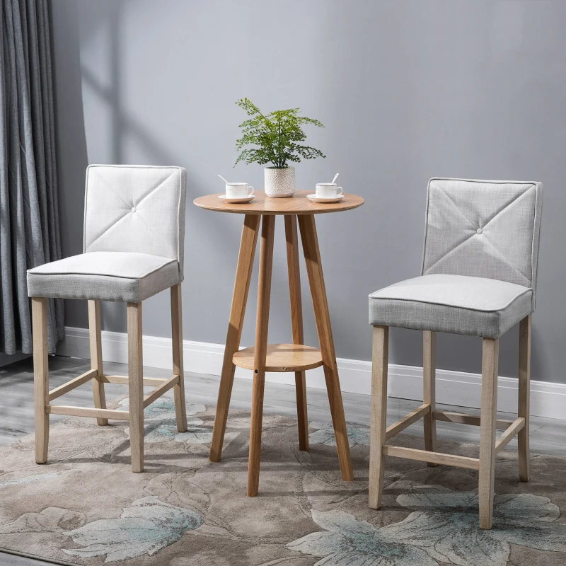 HOMCOM Bar Stools Set of 2, Upholstered Bar Height Kitchen Stools with Build-in Footrest, Solid Wood Legs, Beige