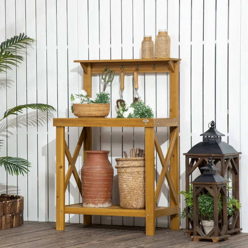 Outsunny 2-Level Outdoor Potting Bench, Wooden Potting Table with Storage Shelf and Top Hooks for Greenhouse, Garden, Patio