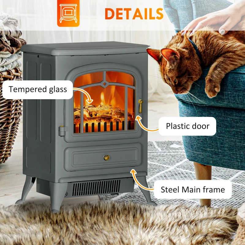HOMCOM Fireplace Stove, Electric Fireplace Heater with Realistic LED Flames and Logs, 725W/1450W, Gray