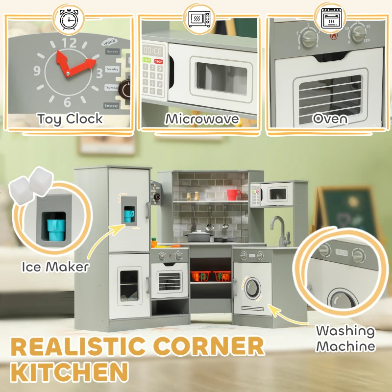 Qaba Corner Play Kitchen, Pretend Play Kitchen Set with Lights & Sounds, Stove Ice Maker Microwave Oven