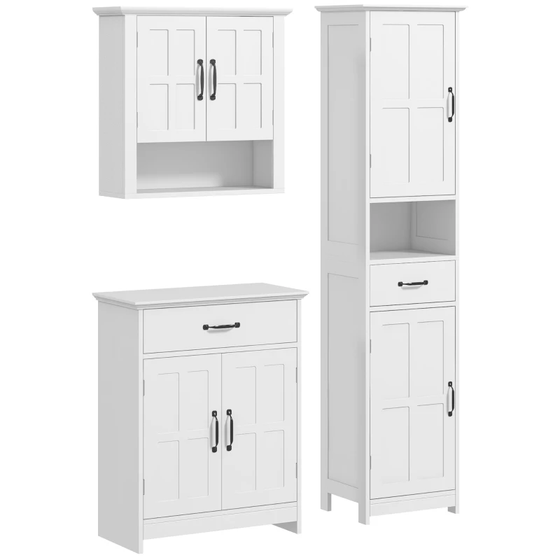 kleankin 3-Piece Bathroom Furniture Set, Modern Bathroom Storage Cabinet with Drawers and Shelves, Tall and Small Floor Cabinets, Wall-mounted Medicine Cabinet, White