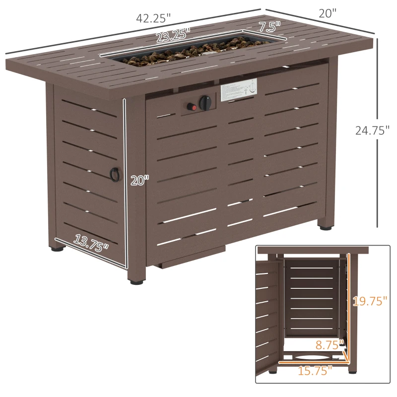 Outsunny 42 Inch Outdoor Propane Gas Fire Pit Table, 50,000 BTU Auto-Ignition Rectangular Gas Firepit with Slat Tabletop, Lid, Lava Rocks, Rain Cover, CSA Certification, Brown