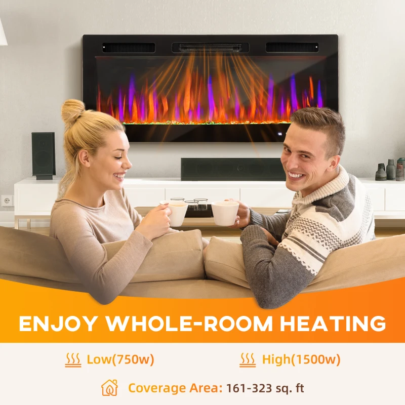 HOMCOM 42" Electric Fireplace Recessed and Wall Mounted, Freestanding, 1500W Ultra-thin with Adjustable Flame, Crystal, Black