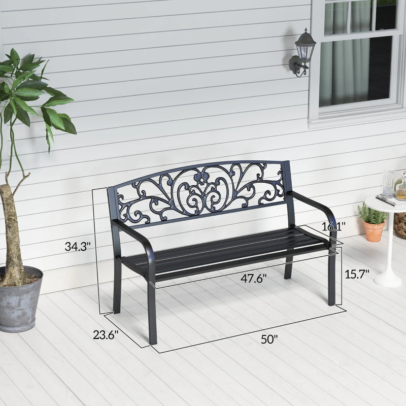 Outsunny 50" Outdoor Bench, Metal Garden Bench with Floral Pattern Backrest, Porch Bench with Slatted Seat for Park, Yard, Lawn, Black
