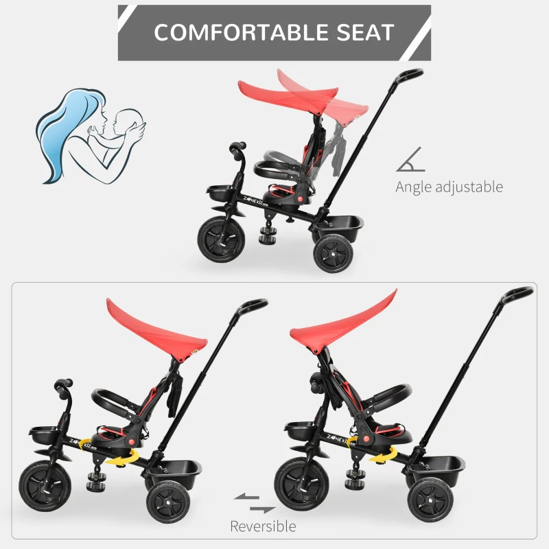 Qaba Kids Tricycle 4 In 1 Trike with Reversible Angle Adjustable Seat Removable Handle Canopy Handrail Belt Storage Footrest Brake Clutch for 1-5 Years Old Red