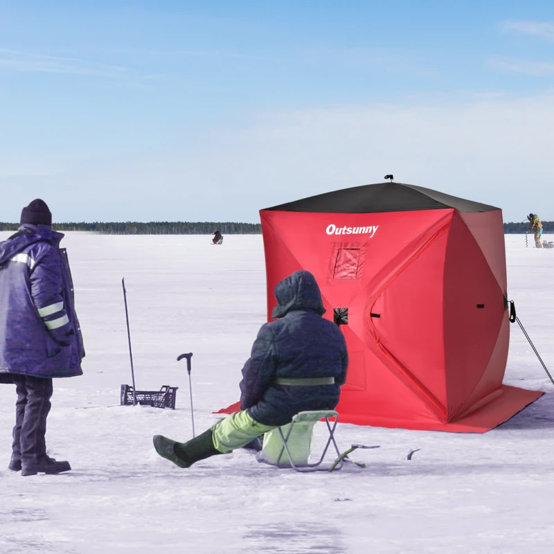 Outsunny 2 Person Ice Fishing Shelter, Pop-Up Portable Ice Fishing Tent with Carry Bag, Windows and Anchors for Low-Temp -22℉, Red
