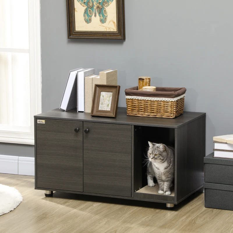 PawHut Litter Box Furniture Hidden Cat Washroom Furniture with Double Doors and Scratching Pad, Black