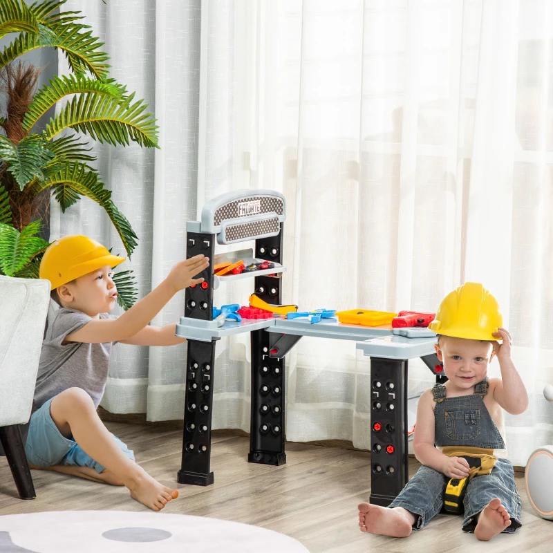 Qaba 2 in 1 Kids Workbench 79 Pcs Construction Playset Toy with Battery-Powered Drill, Hammer, Saw, Storage Tray for Ages 3+, Black and Gray