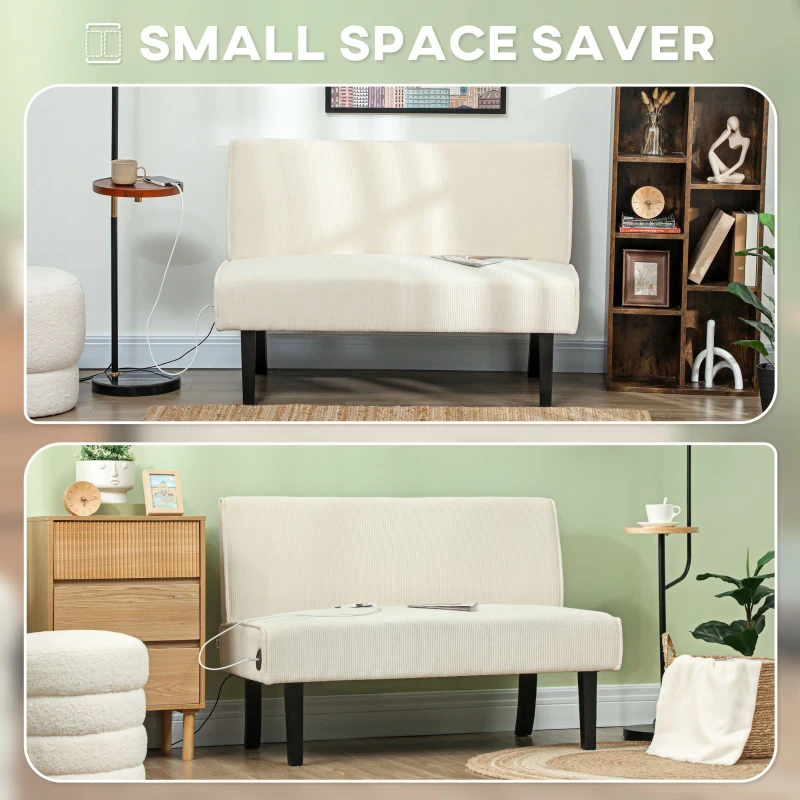 HOMCOM 46.5" Loveseat Couch with USB Ports, Corduroy Love Seat Sofa with Wood Legs for Living Room, Bedroom, Small Space, Cream