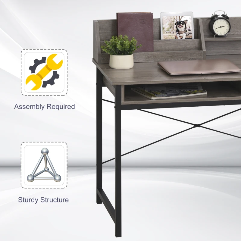 HOMCOM Industrial Computer Desk with Drawer and Open Shelves, Writing Table with Hutch for Home Office, Grey
