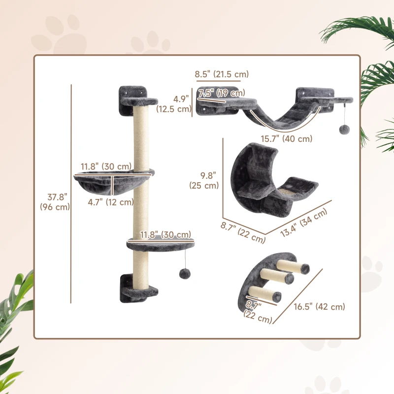 PawHut Cat Wall Shelf with Scratching Post, Play Balls, Platforms, Dark Grey