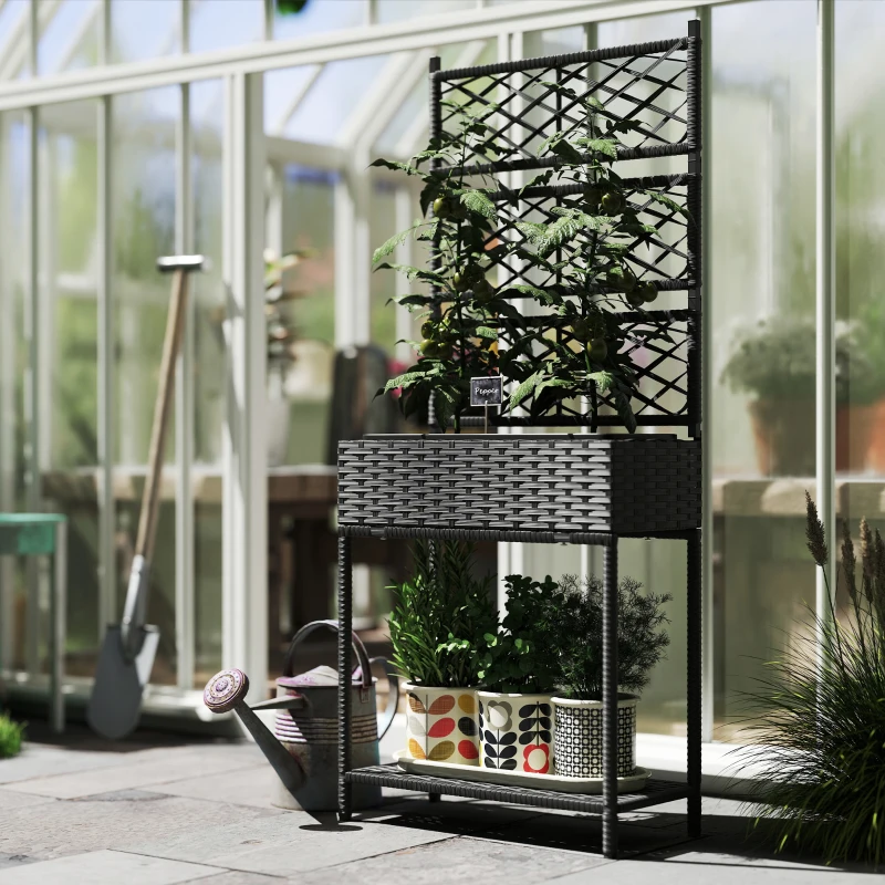 Outsunny Outdoor Wicker Planter with Trellis for Climbing Plants, Freestanding Rattan Garden Box with Storage Shelf, Black
