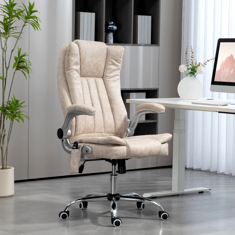 HOMCOM Vibration Massage Office Chair, High Back Heated Computer Chair with Flip-up Armrest & Swivel Wheels, Cream White
