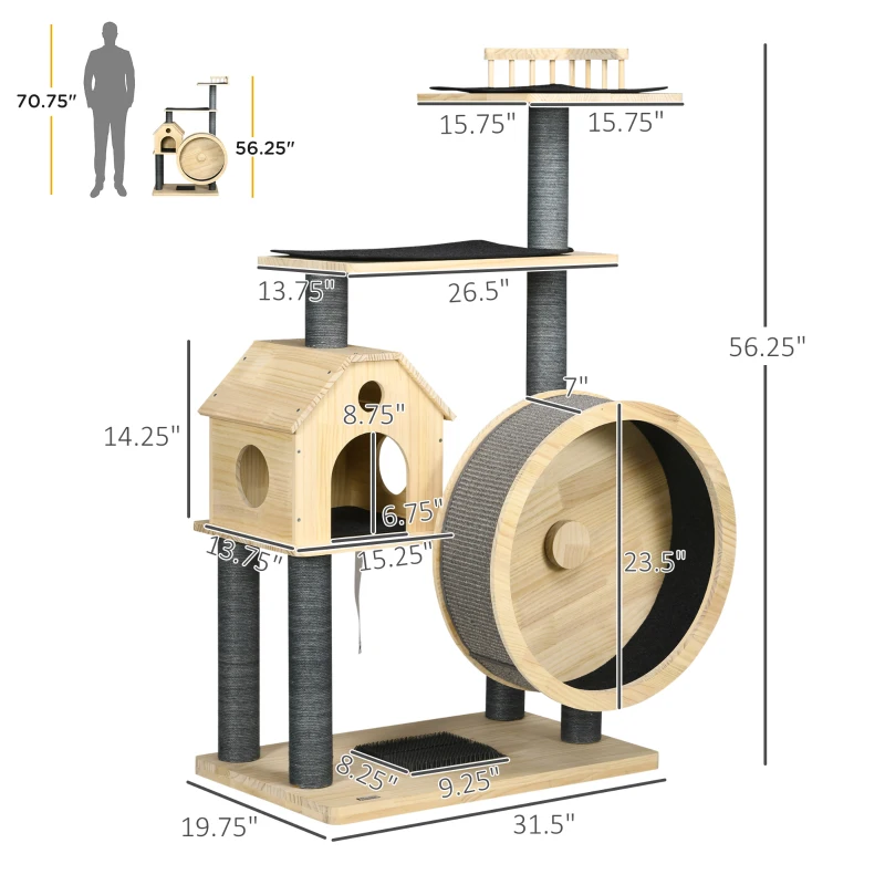 PawHut 56" Cat Tree Activity Condo Luxury Pine Wood  with Hamster-Wheel, Sisal Scratching Posts, Elevated Perches, & Roomy Interior