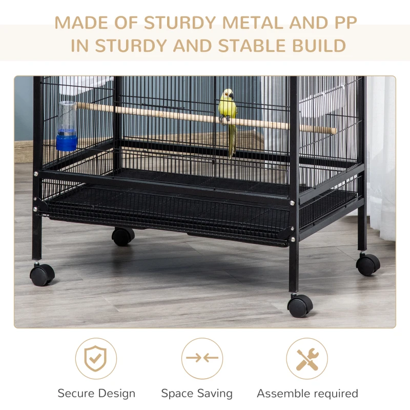 PawHut Bird Cage Conure Parrot Budgie Cage with Bird Perch & Wheels, Black