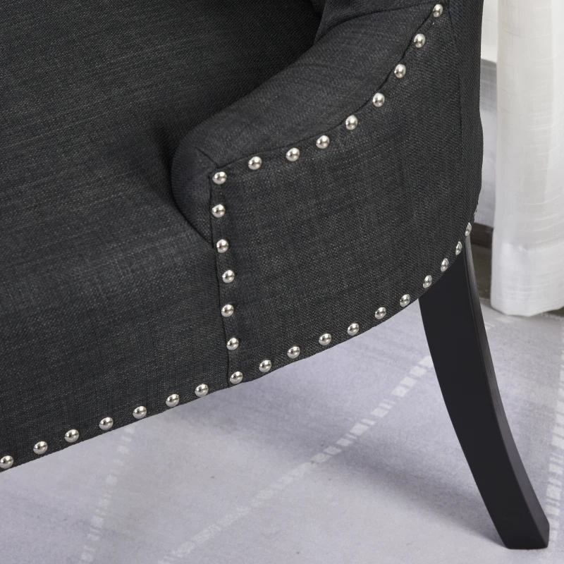 HOMCOM Swoop Air Linen Fabric Dining Chair with Nailhead Trim and Wood Legs, Dark Grey