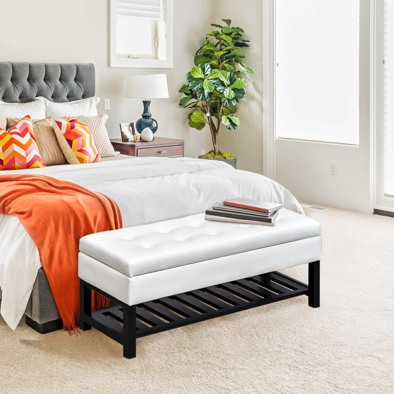 HomCom 44" Tufted Faux Leather Ottoman Storage Bench With Shoe Rack - White