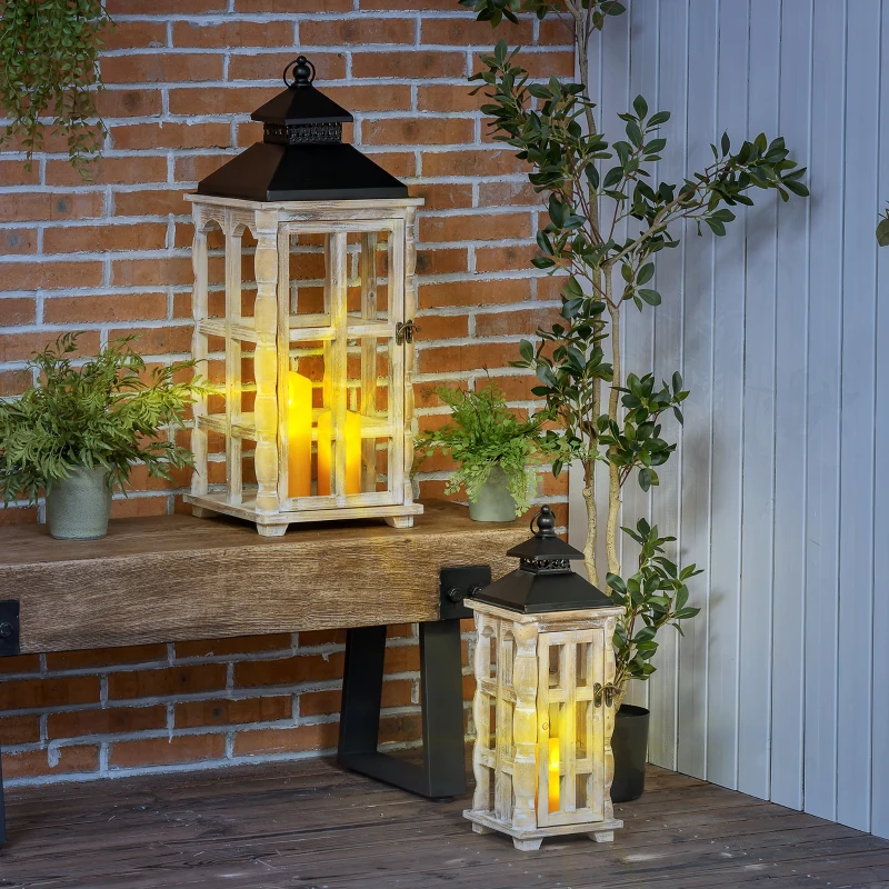 HOMCOM 2 Pack 31"/21" Large Rustic Lantern Decorations, Hanging Wooden Metal Indoor Covered Outdoor Lantern for Home Decor (No Glass), Black and Distressed Natural Wood Color