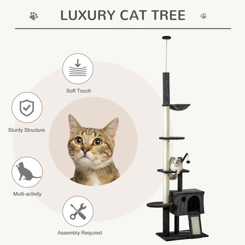 PawHut 106" Huge Cat Tree Floor-to-Ceiling, Cat Climbing Tower, Kitty Activity Center with Scratching Post Board, Hammock, Hanging Ball, Rest Dark Gray