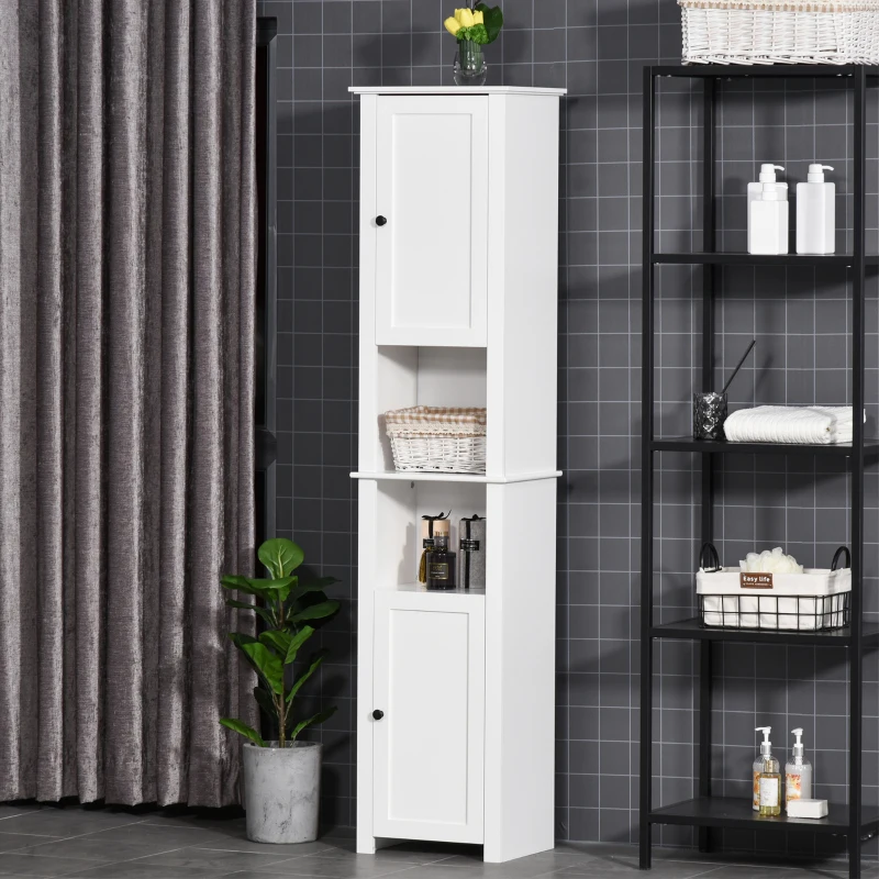 HOMCOM Tall Bathroom Storage Cabinet, Freestanding Linen Tower with 2-Tier Shelf and 2 Cabinets, Narrow Side Floor Organizer, White