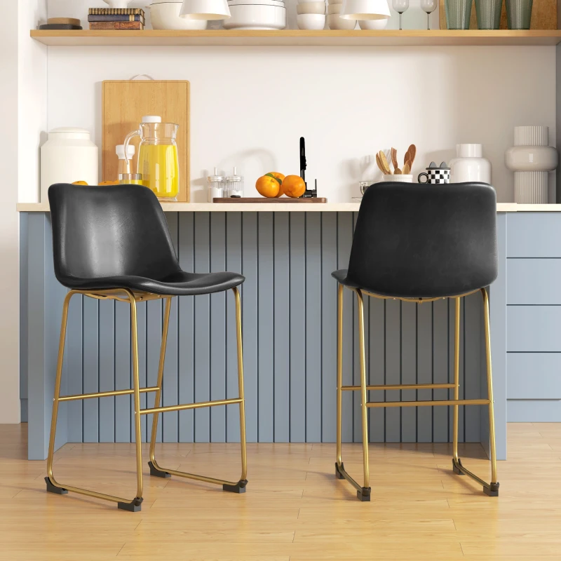 HOMCOM Bar Height Stools Set of 2, PU Leather Upholstered Stools for Kitchen Island, Modern Bar Chairs, Dark Grey