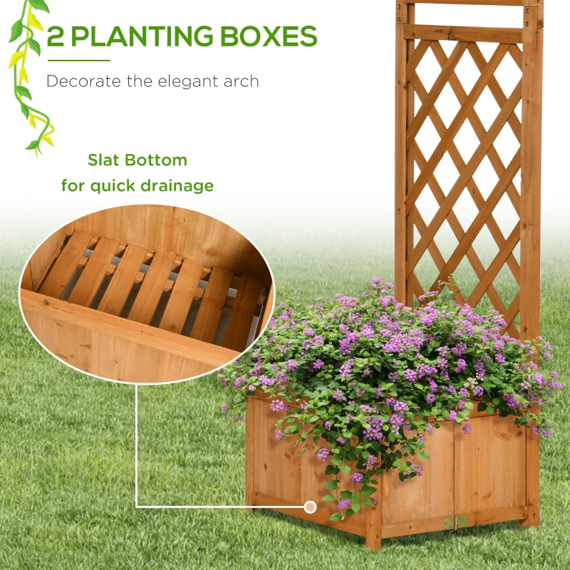 Outsunny 7.7FT Garden Arch with 2 Foldable Planter Boxes, Outdoor Wooden Trellis Arbor for Ceremony Party Weddings, Brown
