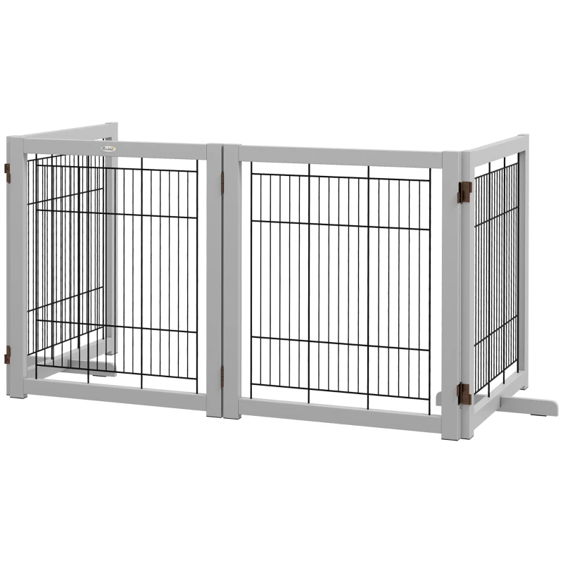 PawHut Wooden Dog Gate for Small & Medium Dogs 4 Panel w/ Support Feet Foldable Pet Fence for House Doorway Light Grey