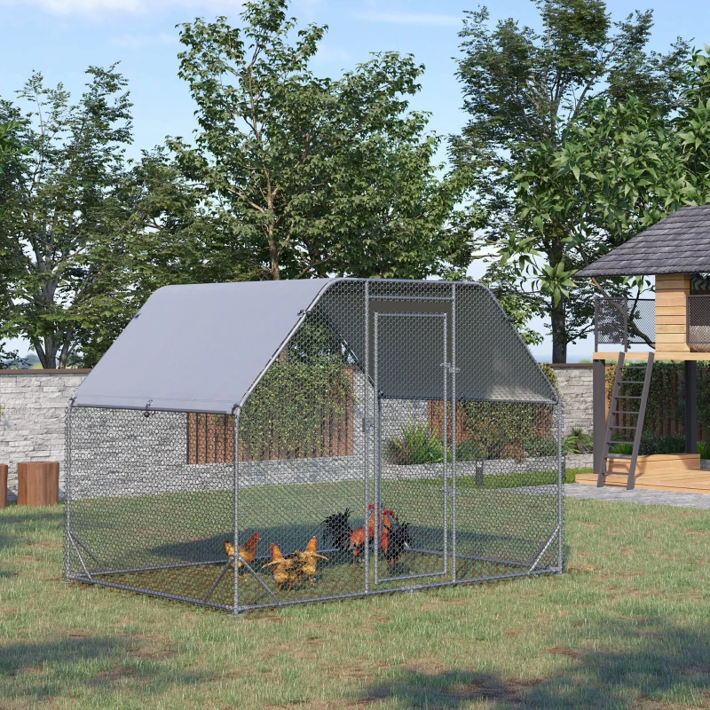PawHut Chicken Run, Galvanized Large Metal Chicken Coop Cage, Walk-in Enclosure Poultry Hen Run House Playpen Rabbit Hutch with Flat Roof, Cover, 9.2' x 6.2' x 6.5', Silver