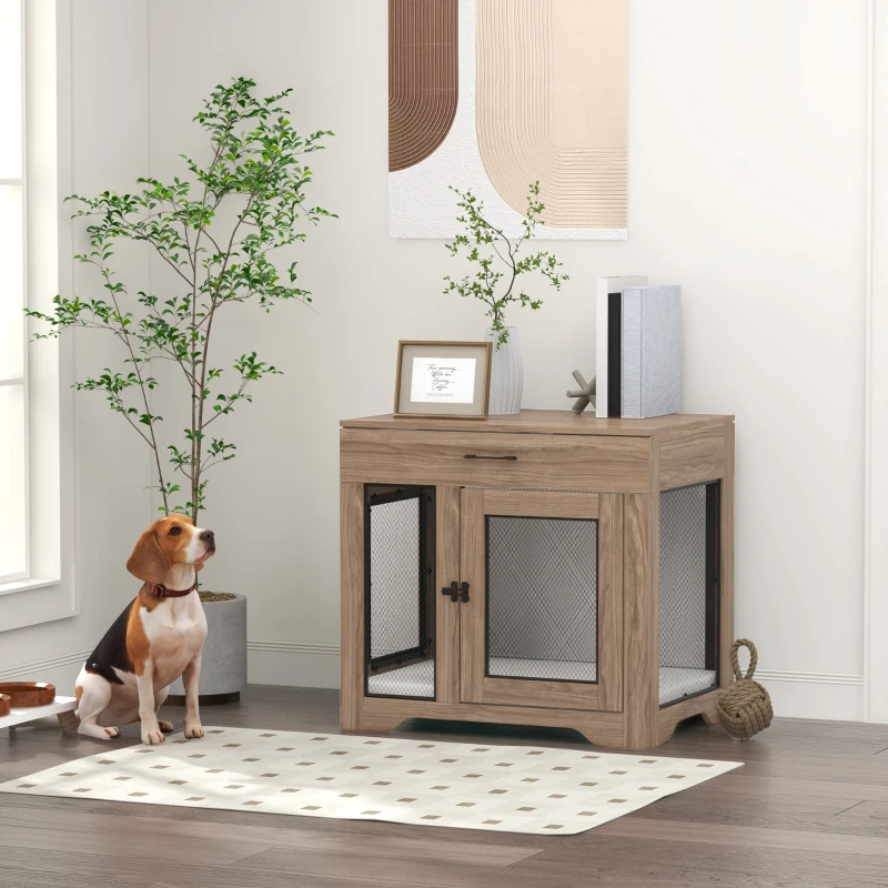 PawHut Dog Crate Furniture with Soft Water-Resistant Cushion, Drawer, for Small Dogs, Brown