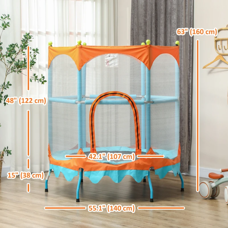 Qaba Trampoline for Kids, 4.6FT Mini Toddler Trampoline Indoor Outdoor with Handlebar, Safety Enclosure Net, Blue