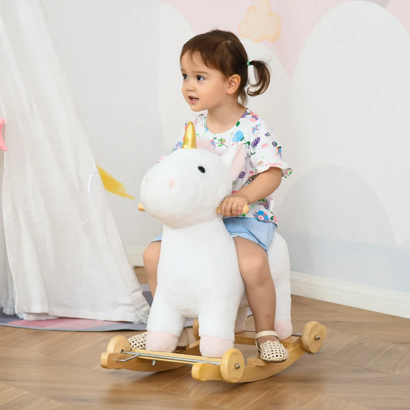 Qaba 2 in 1 Kids Rocking Horse, Rolling Unicorn with Sound, Wooden Base, Pedal, Grip Handle, for 3-6 Years Old, White
