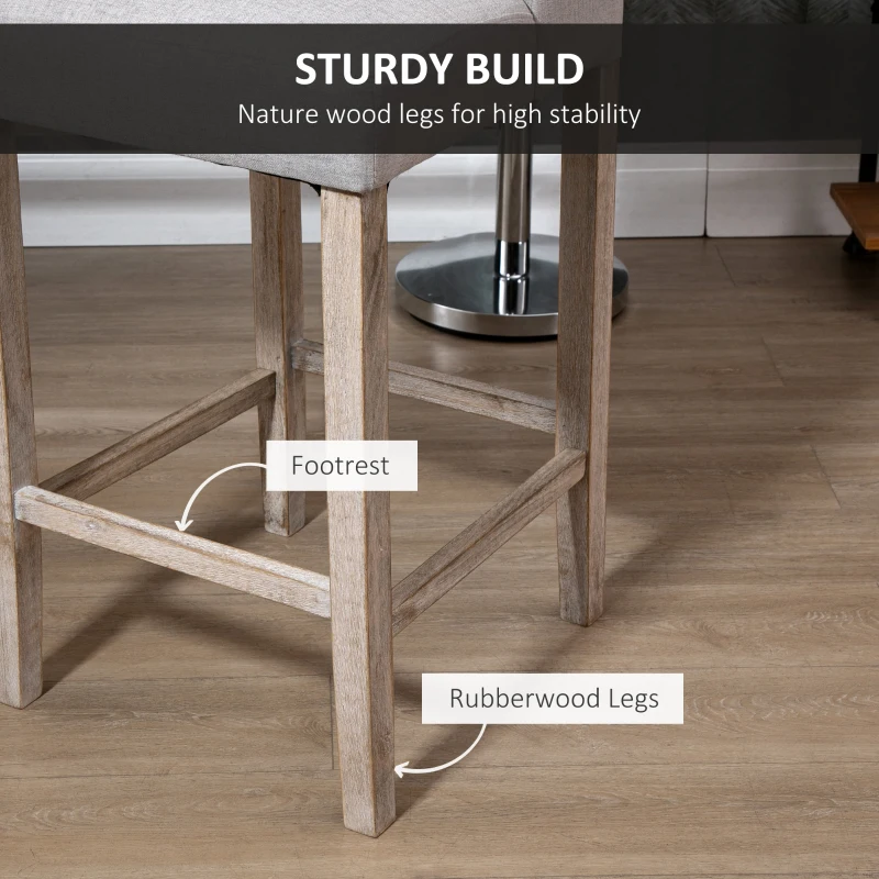 HOMCOM Modern Bar Stools, Tufted Upholstered Barstools, Pub Chairs with Back, Rubber Wood Legs for Kitchen, Dinning Room, Set of 2, Grey