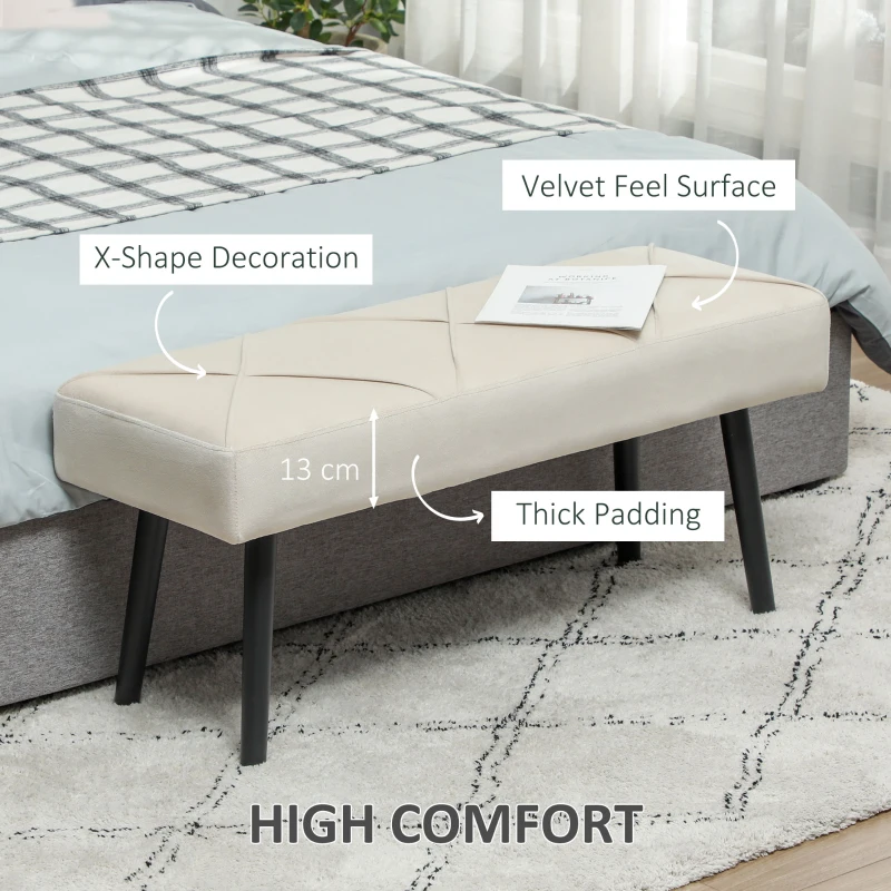 HOMCOM 39 Inches Upholstered Bedroom Bench, Modern End of Bed Bench with Steel Legs, Cream White
