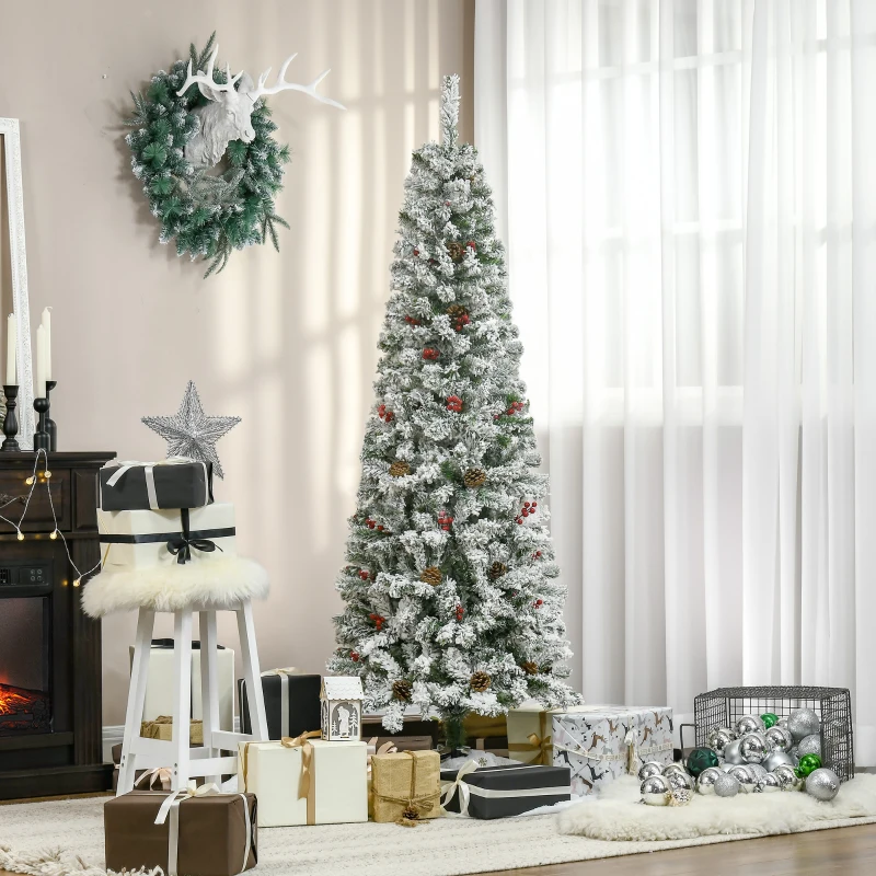 HOMCOM 6' Pencil Snow Flocked Artificial Christmas Tree with 600 Pine Realistic Branches, Pine Cones, Red Berries, Auto Open, Green