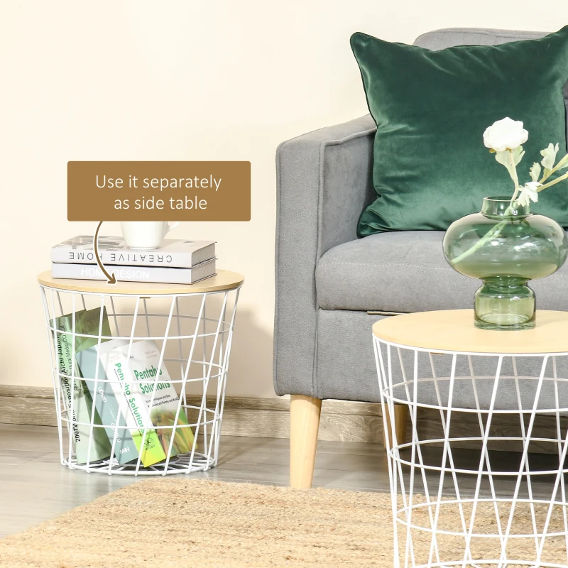 HOMCOM End Tables Set of 2, Nesting Tables with Storage, Round Accent Side Tables with Removable Top, White/ Natural