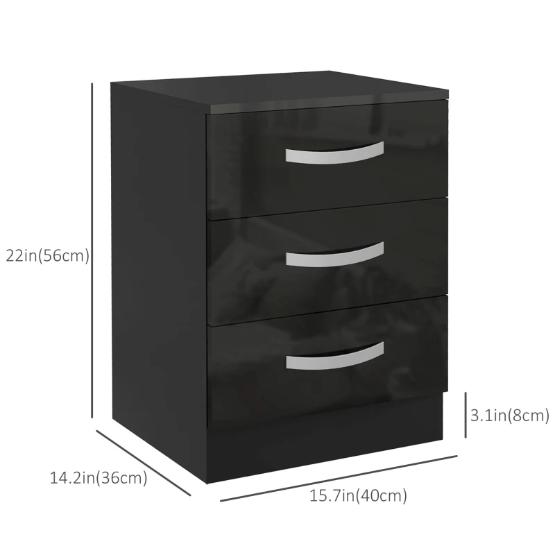 HOMCOM Bedside Table Set of 2, Modern Nightstand with Drawers and High Gloss Fronts, Night Table for Bedroom, Black