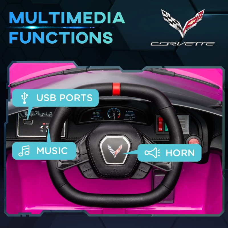 Qaba 12V Kids Electric Car Corvette Licensed w/ Remote Control, Suspension System, Music, Headlight, Slow Start, Pink