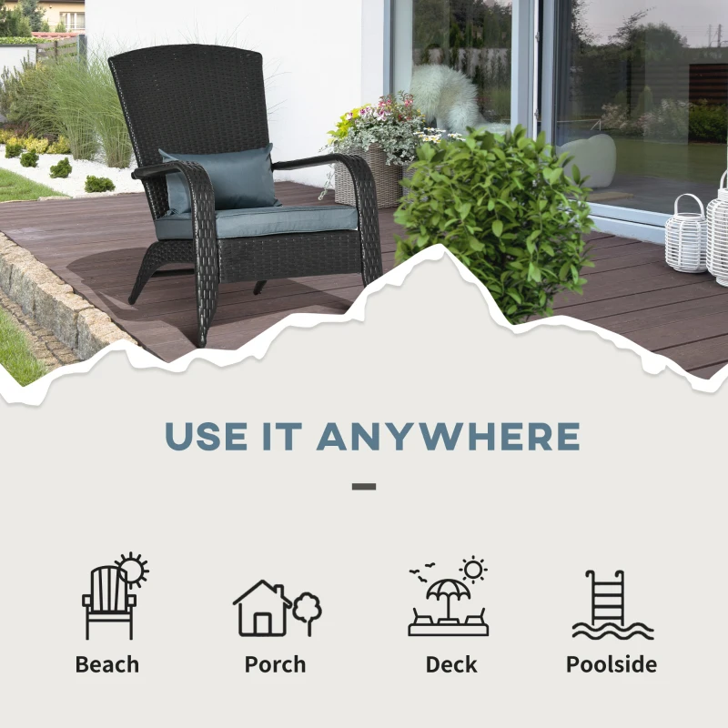 Outsunny Patio Wicker Adirondack Chair, PE Rattan Outdoor Muskoka Chair, Fire Pit Chair with Cushions for Patio, Garden, Backyard, Poolside, Balcony, Deck, Light Grey