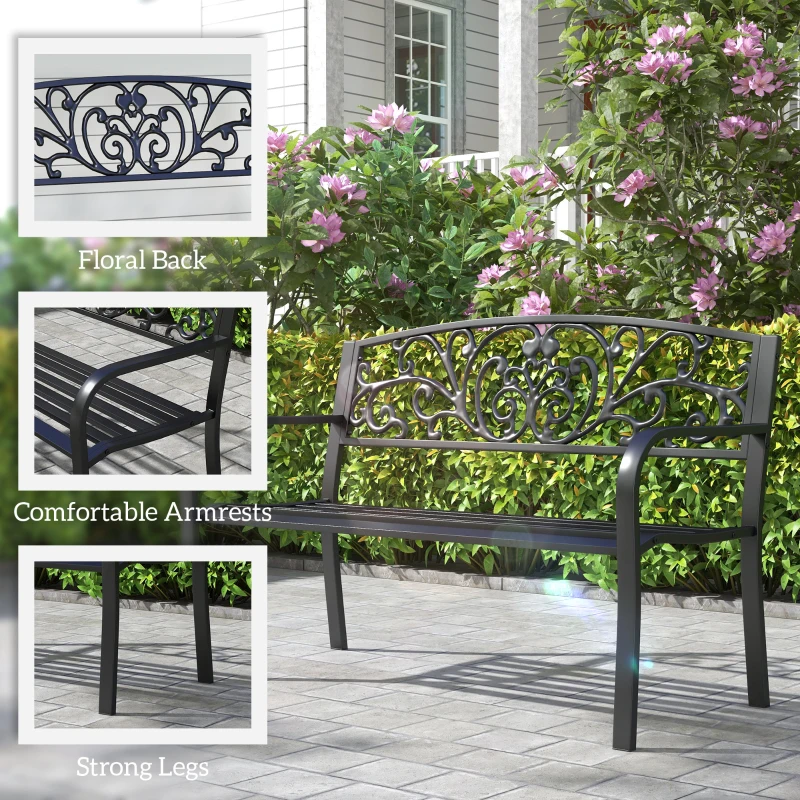 Outsunny 50" Outdoor Bench, Metal Garden Bench with Floral Pattern Backrest, Porch Bench with Slatted Seat for Park, Yard, Lawn, Black