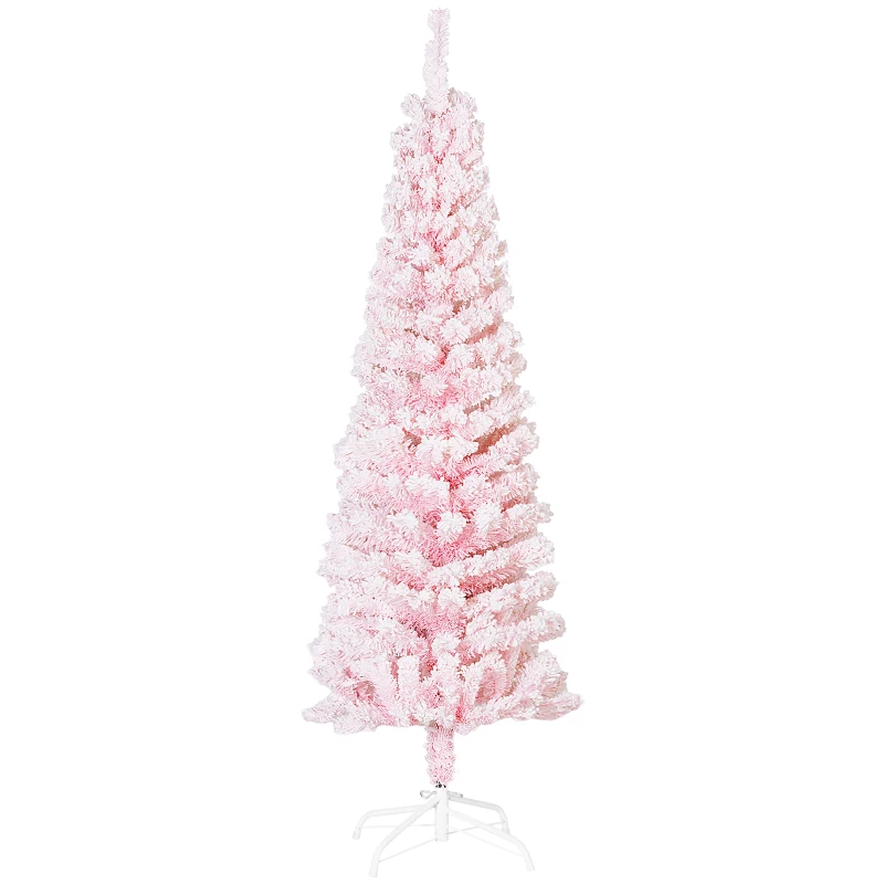 HOMCOM 5ft Flocked Christmas Tree, Pencil Christmas Tree with Realistic Branch Tips, Folding Metal Stand, Pink