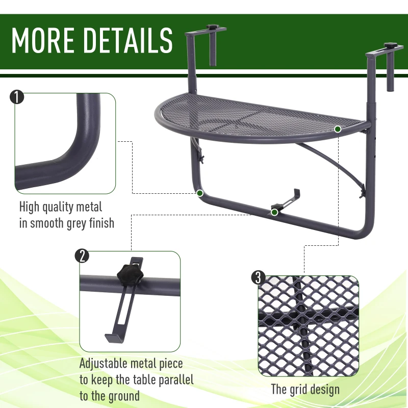 Outsunny Adjustable Balcony Hanging Railing Table, Metal Mounting Mini Wall Desk Storage Rack, Outdoor Flower Stand Serving Table Half Round, Grey