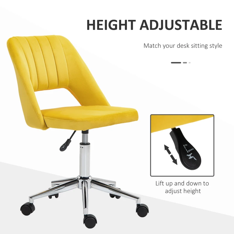 Vinsetto Mid Back Office Chair Velvet Fabric Swivel Scallop Shape Computer Desk Chair, Yellow